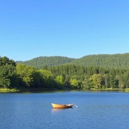 Create an image with a serene landscape featuring a clear blue sky, lush green trees, and a calm lake