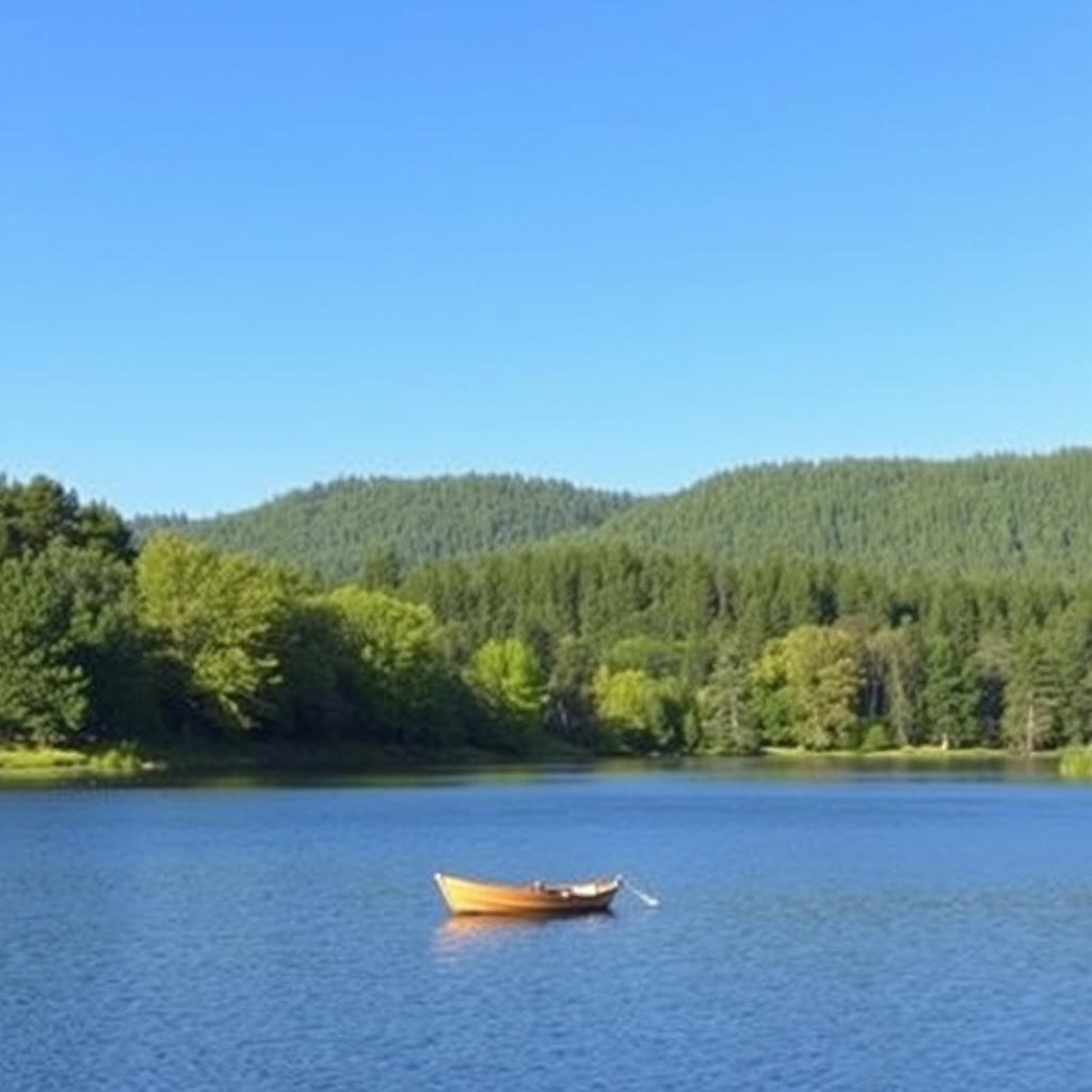 Create an image with a serene landscape featuring a clear blue sky, lush green trees, and a calm lake