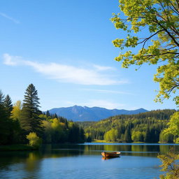 Create an image with a serene landscape featuring a clear blue sky, lush green trees, and a calm lake