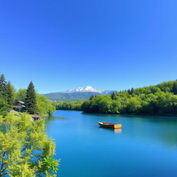 Create an image with a serene landscape featuring a clear blue sky, lush green trees, and a calm lake