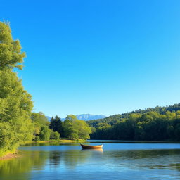 Create an image with a serene landscape featuring a clear blue sky, lush green trees, and a calm lake