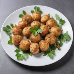 Chicken balls exquisitely arranged in a circle on a plate, with an artistic culinary decoration in the center and a sprinkle of parsley.