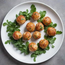 Chicken balls exquisitely arranged in a circle on a plate, with an artistic culinary decoration in the center and a sprinkle of parsley.