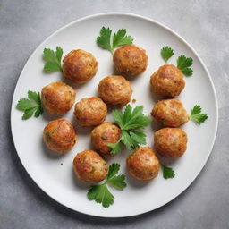 Chicken balls exquisitely arranged in a circle on a plate, with an artistic culinary decoration in the center and a sprinkle of parsley.