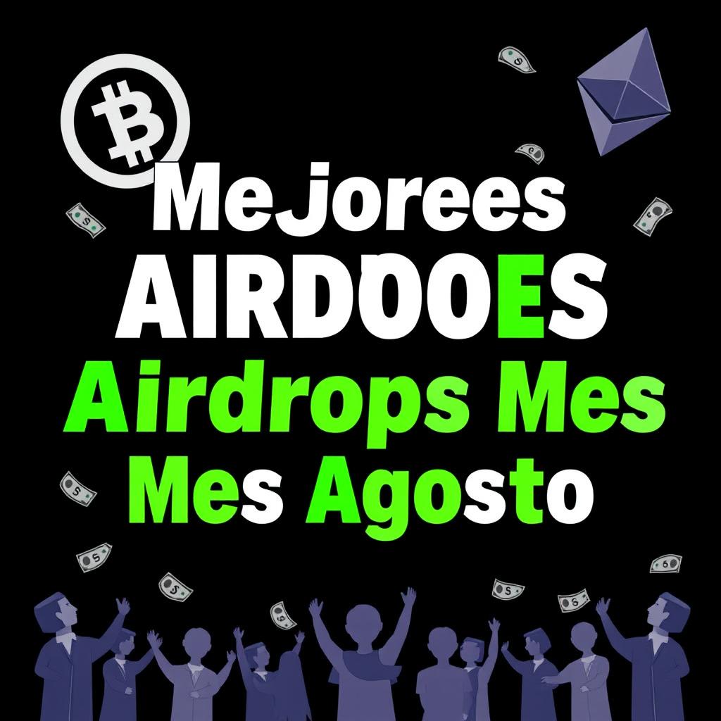 A YouTube thumbnail with a black background featuring the text 'Mejores Airdrops Mes Agosto' in Comic Sans font, with bold white and green letters