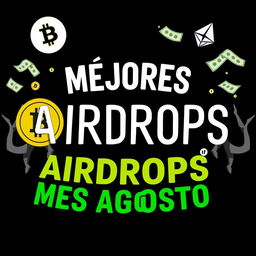 A YouTube thumbnail with a black background featuring the text 'Mejores Airdrops Mes Agosto' in Comic Sans font, with bold white and green letters