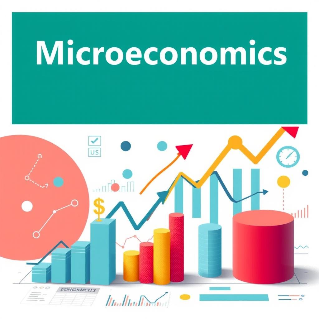Create a front cover page for an economics book with the main heading 'Microeconomics' prominently highlighted