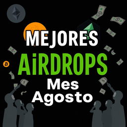 A YouTube thumbnail with a black background featuring the text 'Mejores Airdrops Mes Agosto' in Comic Sans font, with bold white and green letters