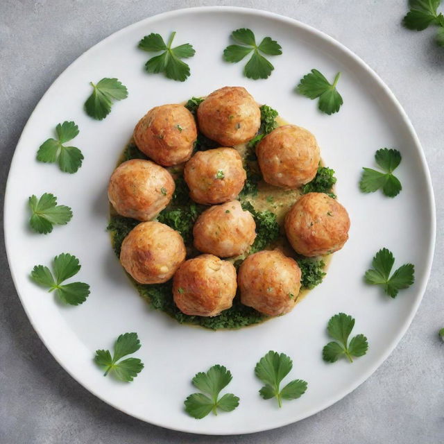 Chicken balls exquisitely arranged in a circle on a plate, with an artistic culinary decoration in the center and a sprinkle of parsley.