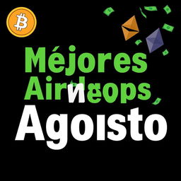 A YouTube thumbnail with a black background featuring the text 'Mejores Airdrops Mes Agosto' in Comic Sans font, with bold white and green letters