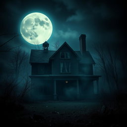 Create a movie poster for a horror movie featuring an abandoned house under a full moon night