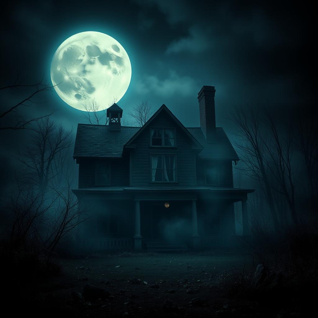 Create a movie poster for a horror movie featuring an abandoned house under a full moon night