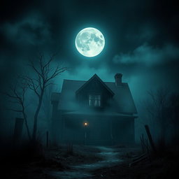 Create a movie poster for a horror movie featuring an abandoned house under a full moon night