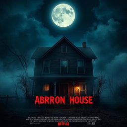 Create a movie poster for a horror movie featuring an abandoned house under a full moon night