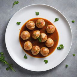 Chicken balls meticulously arranged in a circle on a plate, with an artistic culinary decoration of sauce in the center and a sprinkle of parsley.