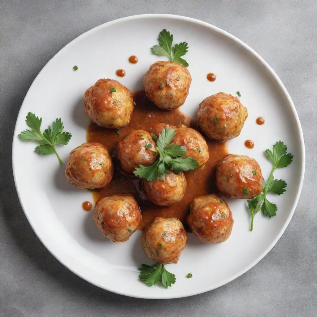 Chicken balls meticulously arranged in a circle on a plate, with an artistic culinary decoration of sauce in the center and a sprinkle of parsley.