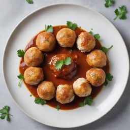 Chicken balls meticulously arranged in a circle on a plate, with an artistic culinary decoration of sauce in the center and a sprinkle of parsley.