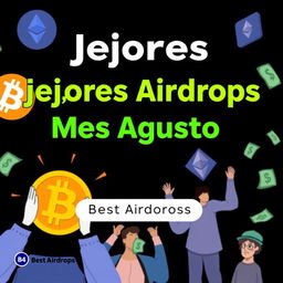 A YouTube thumbnail with a black background featuring the text 'Mejores Airdrops Mes Agosto' in Comic Sans font, with bold white and green letters