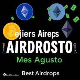 A YouTube thumbnail with a black background featuring the text 'Mejores Airdrops Mes Agosto' in Comic Sans font, with bold white and green letters