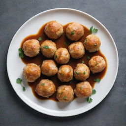 Chicken balls meticulously arranged in a circle on a plate, with an artistic culinary decoration of sauce in the center and a sprinkle of parsley.