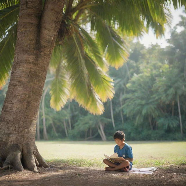 A serene image depicting a Filipino child sitting beneath the shade of a towering coconut tree, immersed in reading his school notes, symbolizing peace, perseverance, and the tropical scenery of the Philippines.