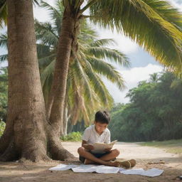 A serene image depicting a Filipino child sitting beneath the shade of a towering coconut tree, immersed in reading his school notes, symbolizing peace, perseverance, and the tropical scenery of the Philippines.