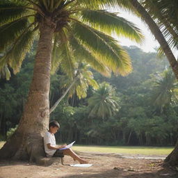 A serene image depicting a Filipino child sitting beneath the shade of a towering coconut tree, immersed in reading his school notes, symbolizing peace, perseverance, and the tropical scenery of the Philippines.