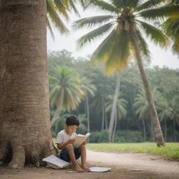 A serene image depicting a Filipino child sitting beneath the shade of a towering coconut tree, immersed in reading his school notes, symbolizing peace, perseverance, and the tropical scenery of the Philippines.