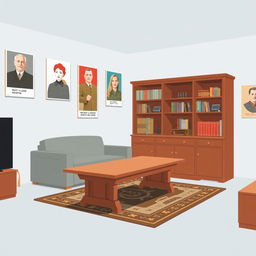 A room with furniture in Soviet Union style depicted in a flat, minimalist design