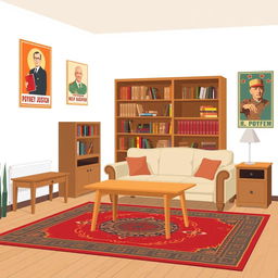 A room with furniture in Soviet Union style depicted in a flat, minimalist design