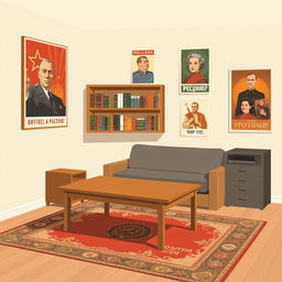 A room with furniture in Soviet Union style depicted in a flat, minimalist design
