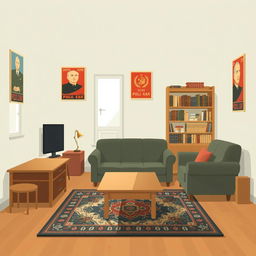 A room with furniture in Soviet Union style depicted in a flat, minimalist design