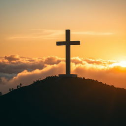 Depict a towering, Brutalist-style Christian cross standing majestically on a hill at sunset