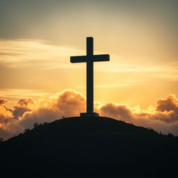 Depict a towering, Brutalist-style Christian cross standing majestically on a hill at sunset