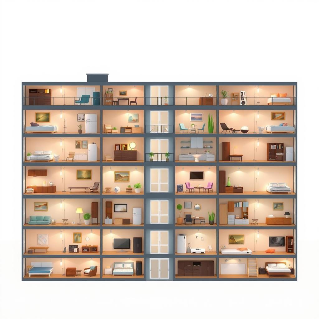 A flat view of a multi-apartment building, showing each apartment with detailed furniture