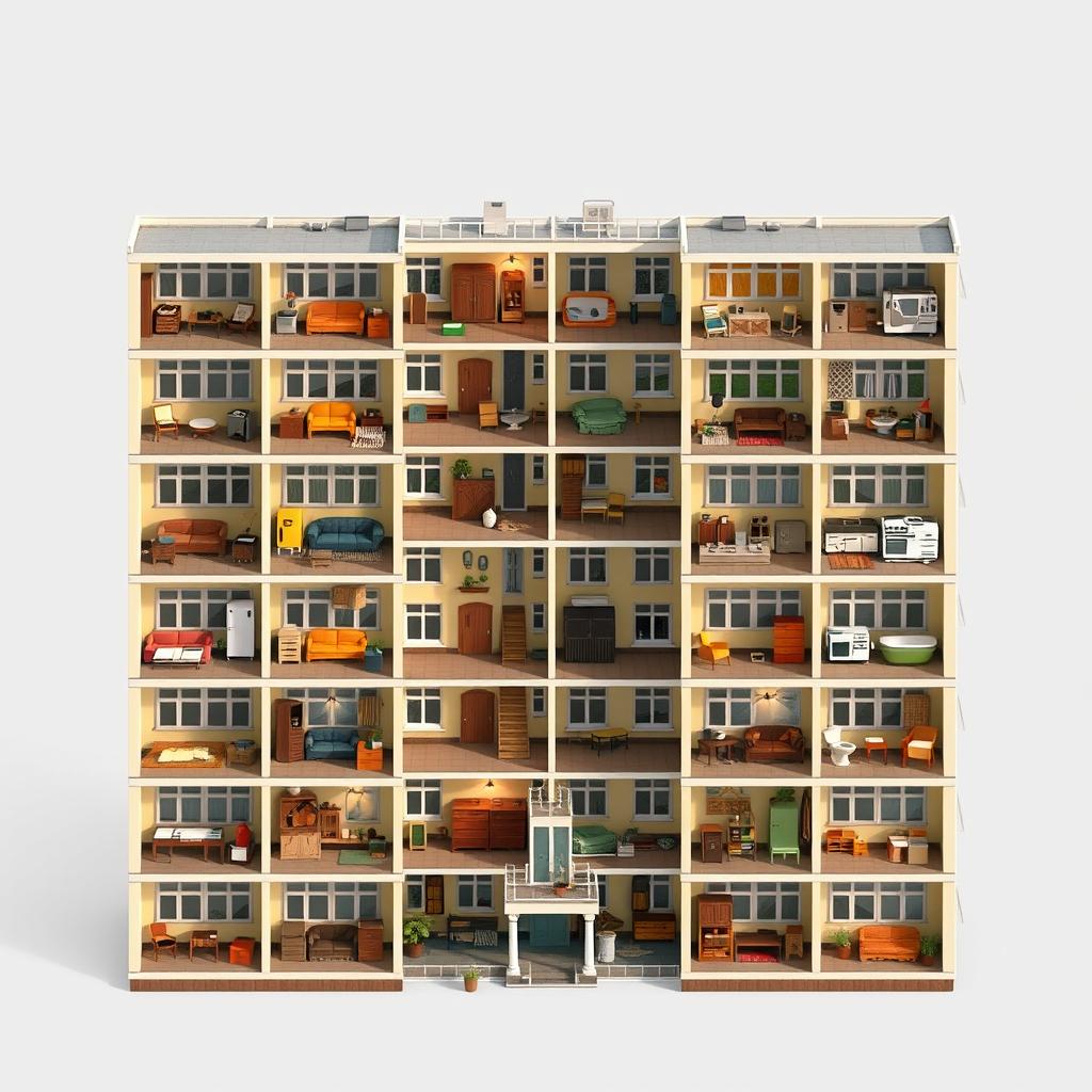 A flat view of a multi-apartment building from the Soviet Union era, showing each apartment with detailed furniture