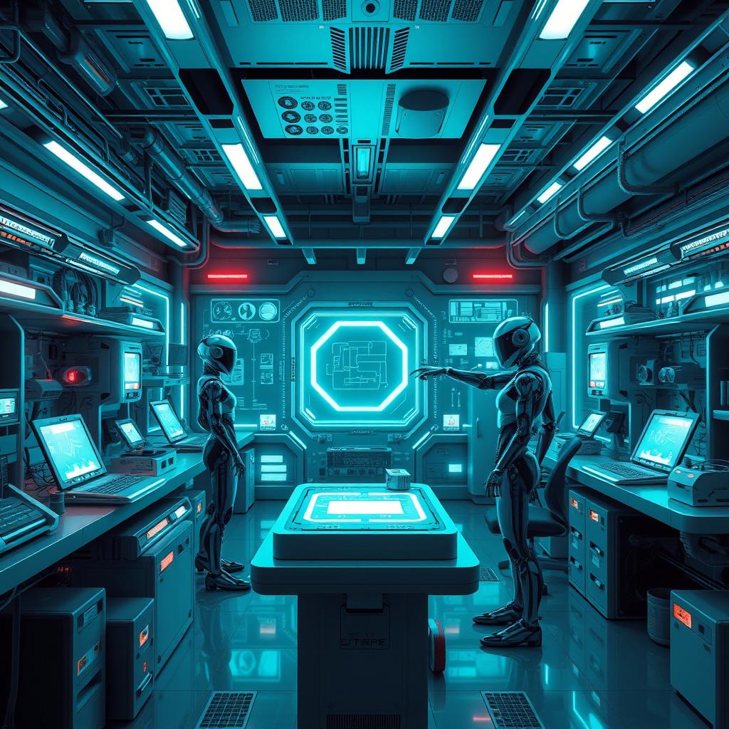 Create an image of a futuristic electronic division with sleek, high-tech gadgets, glowing holographic displays, and advanced robotic assistants