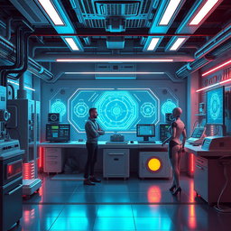 Create an image of a futuristic electronic division with sleek, high-tech gadgets, glowing holographic displays, and advanced robotic assistants