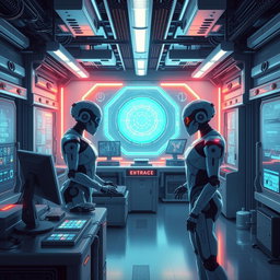 Create an image of a futuristic electronic division with sleek, high-tech gadgets, glowing holographic displays, and advanced robotic assistants