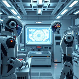 Create an image of a futuristic electronic division with sleek, high-tech gadgets, glowing holographic displays, and advanced robotic assistants