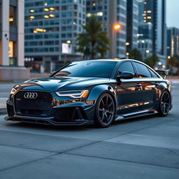 A highly modified Audi RS6 with sleek aerodynamic body kit, custom wheels, and a lowered suspension