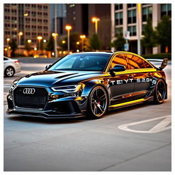 A highly modified Audi RS6 with sleek aerodynamic body kit, custom wheels, and a lowered suspension