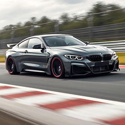 A BMW i4 equipped with a custom body kit, racing on a professional racetrack