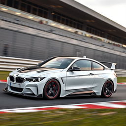 A BMW i4 equipped with a custom body kit, racing on a professional racetrack