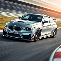 A BMW i4 equipped with a custom body kit, racing on a professional racetrack