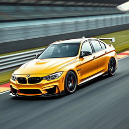 A BMW M3 G80 equipped with a custom body kit, racing on a professional racetrack