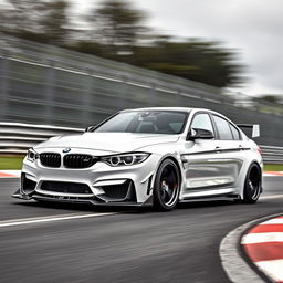 A BMW M3 G80 equipped with a custom body kit, racing on a professional racetrack