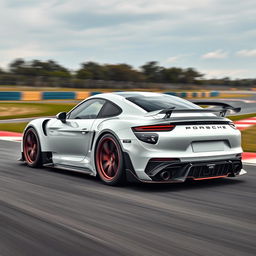 A Porsche G80 equipped with a custom body kit, racing on a professional racetrack