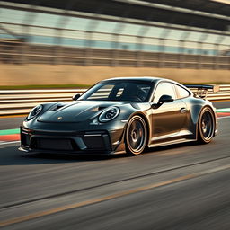 A Porsche G80 equipped with a custom body kit, racing on a professional racetrack