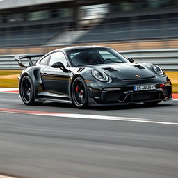 A Porsche G80 equipped with a custom body kit, racing on a professional racetrack